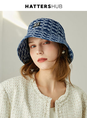 KEYONE2025年秋新款情侣防晒遮阳帽棋盘格牛仔渔夫帽女ins盆帽