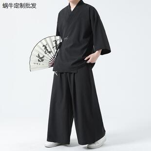 仙气交领汉服道袍男七分袖中国风套装刺绣y领右衽披风冰丝居士