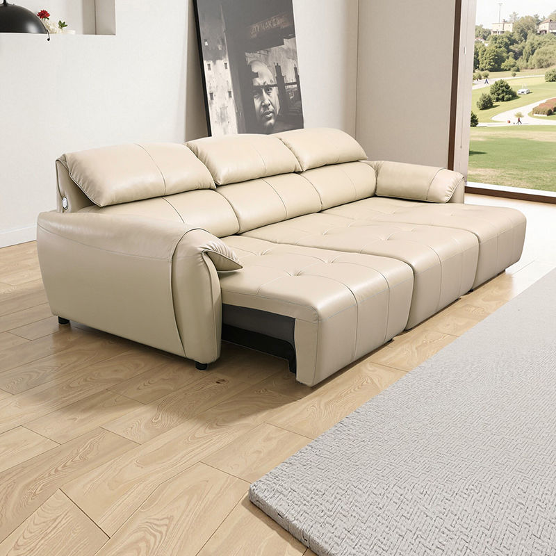 现代简约智能电动自动伸缩三人位沙发家庭影院客厅头层牛皮沙发床