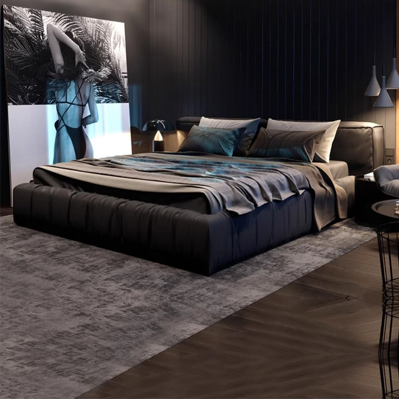 意式极简真皮床轻奢现代简约豆腐块双人大床主卧高端大气婚床黑色