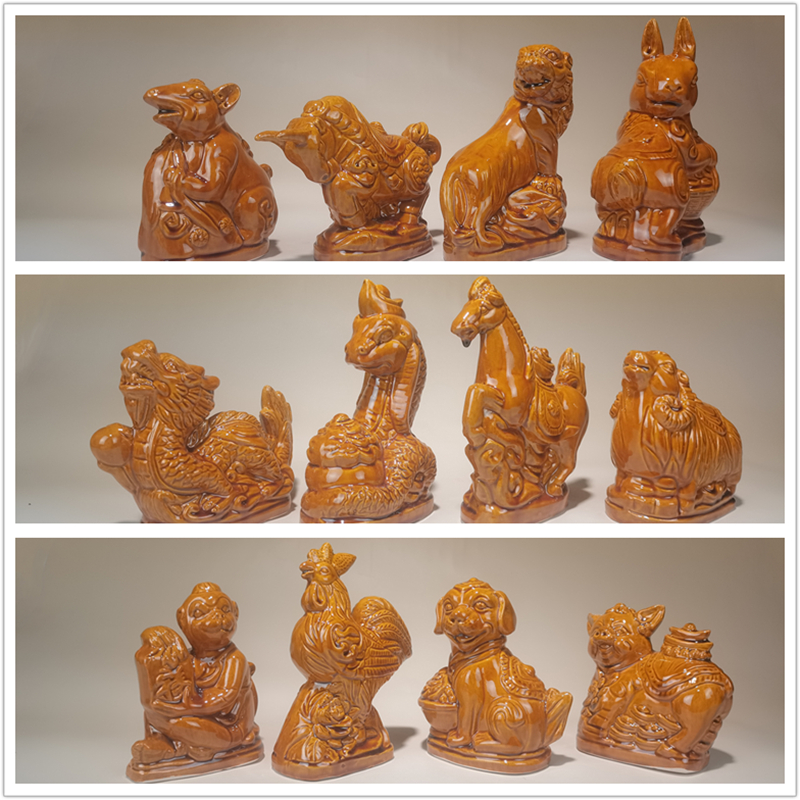 陶瓷十二生肖黄色虎牛兔羊狗鸡龙马猪摆件陶土烧制唐三彩中式动物