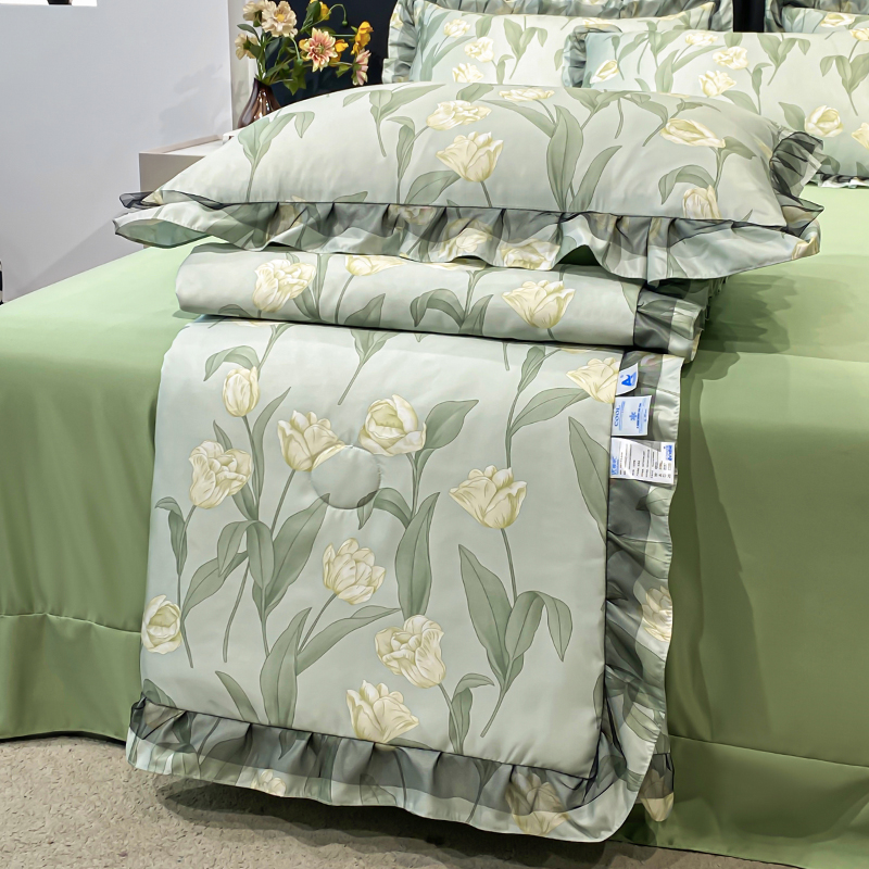 简约风冰丝夏被夏凉被空调被四件套花边凉感被子可机水洗被芯家用