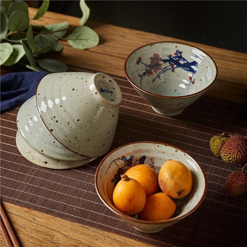 PK7J粗陶手绘斗笠型米饭碗青花釉下彩中式餐具汤碗点心碗水果碗圆
