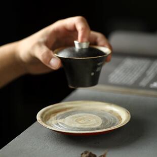 圆形茶承老岩泥干泡盘紫砂壶陶瓷壶托储水茶台 粗陶壶承鎏银日式