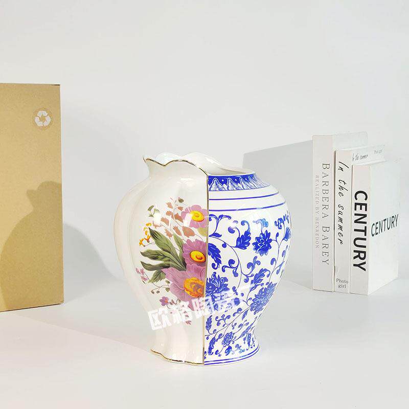 跨境意大利创意青花瓷双面拼接中西合璧陶瓷轻奢花玄关客厅摆件