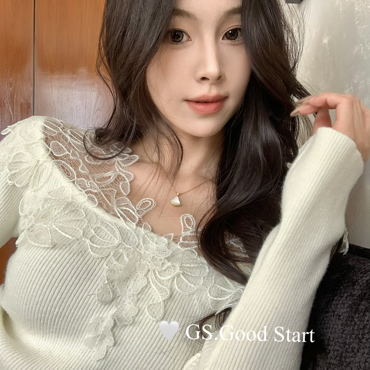 GS.GOOD START-完全温婉姐姐法式优雅纯欲刺绣蕾丝针织小衫G7675