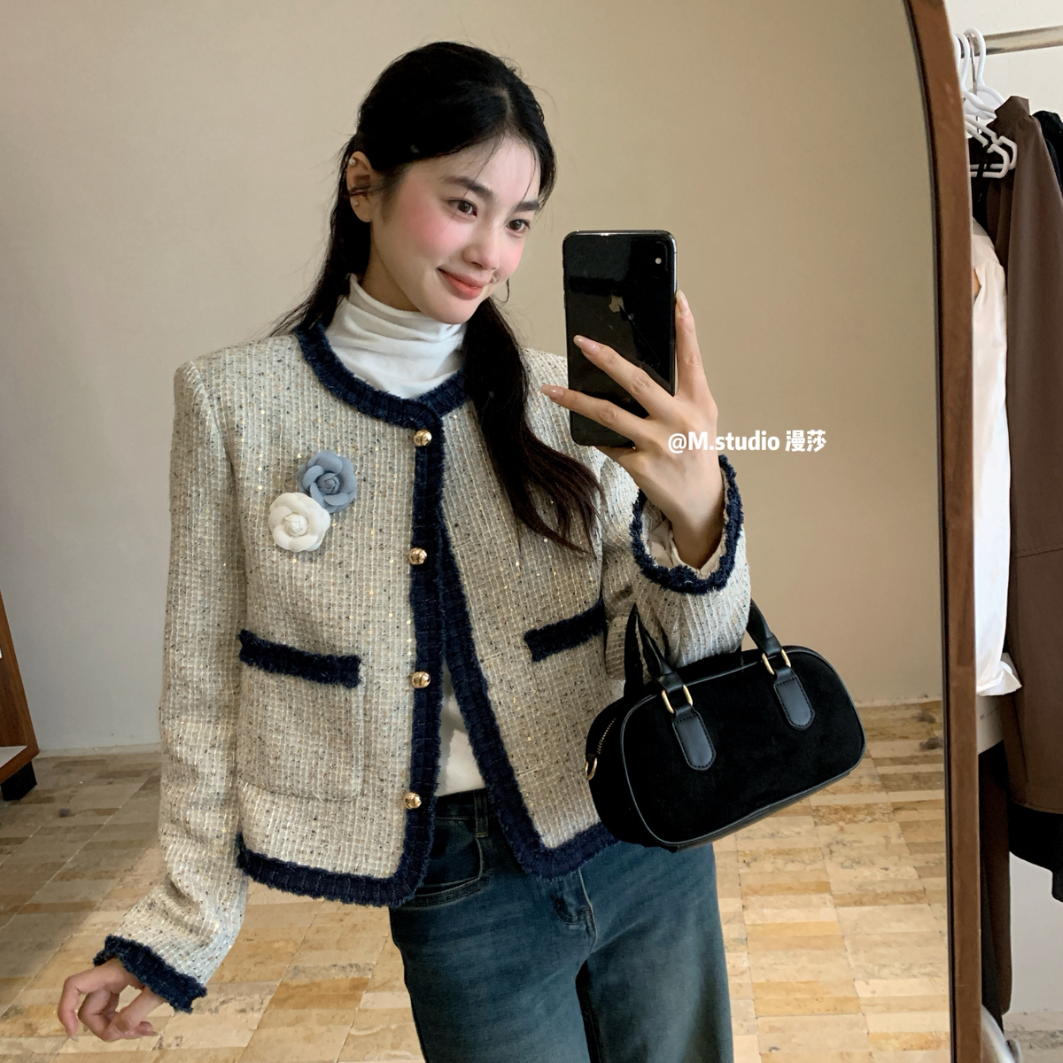 MSTUDIO漫莎-朵丹宁牛仔毛边撞色亮片微闪小香短外套(配胸针)7728