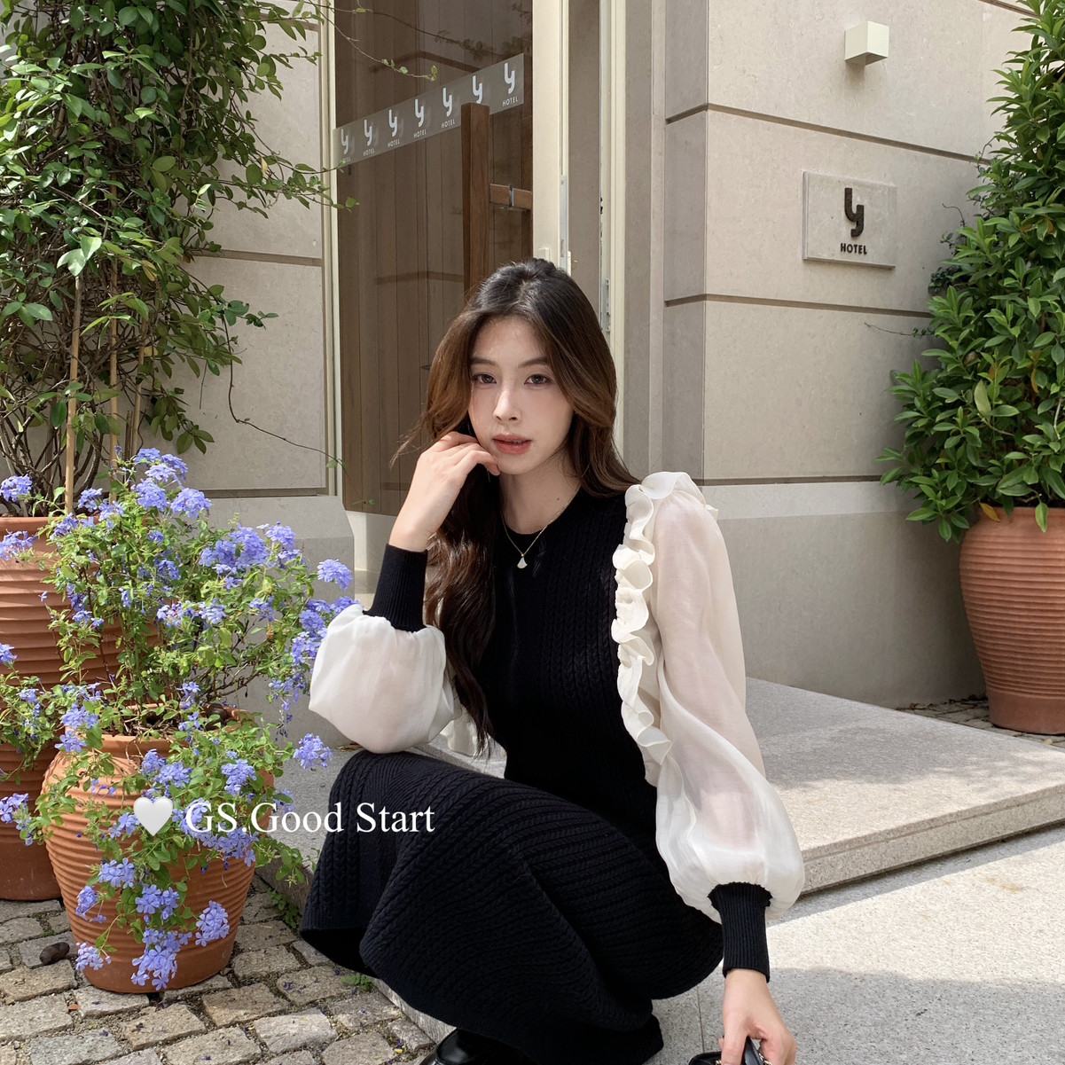 GS.GOOD START-很安心秋冬浪漫法式气质网纱拼接针织连衣裙G7538