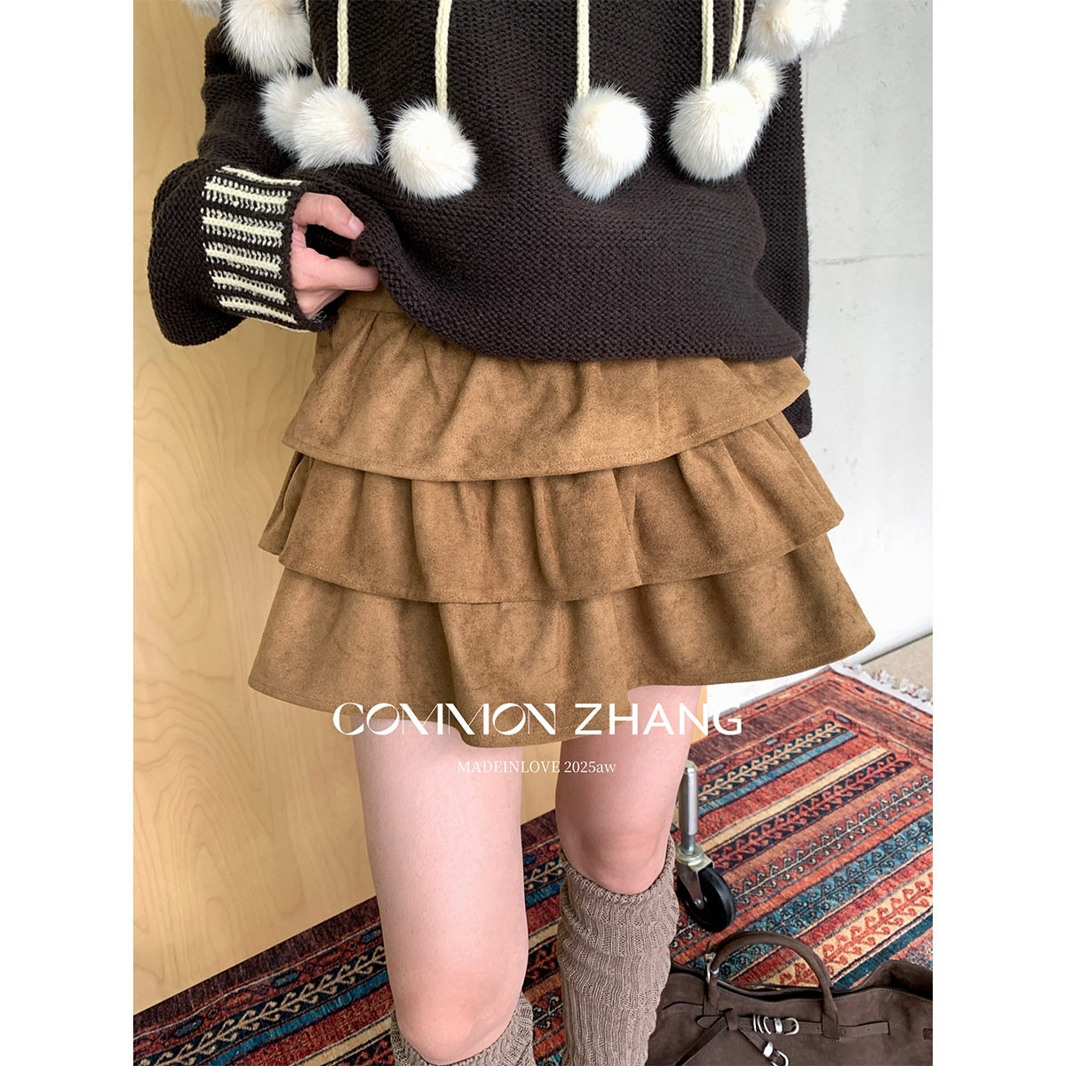 CZ ZHANG秋冬鹿皮绒美拉德百褶半身裙女甜美叠层蛋糕小短裙B42338