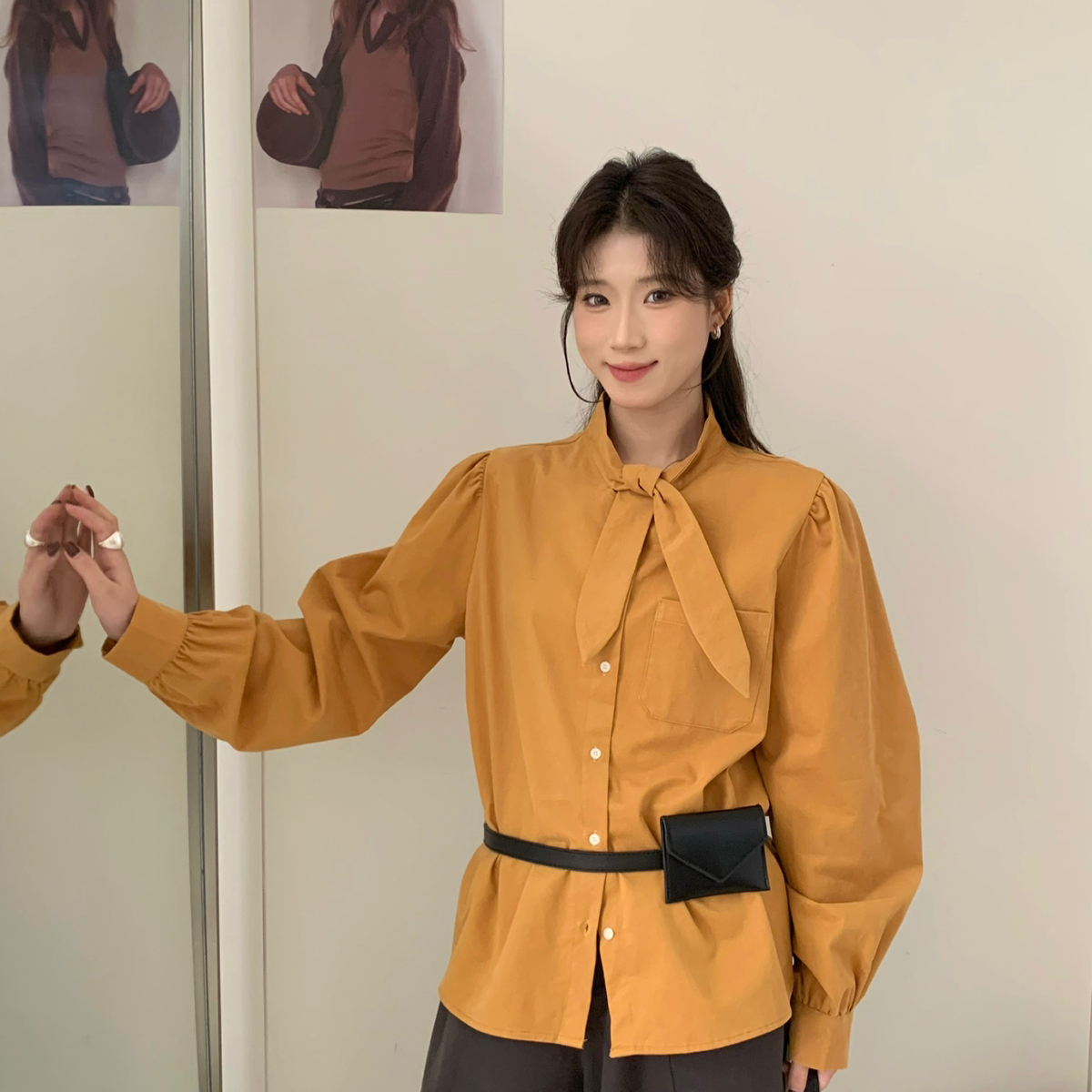 SUSAN-早秋映画法式廓形设计小立领耳朵绑带宽松百搭衬衫SU162