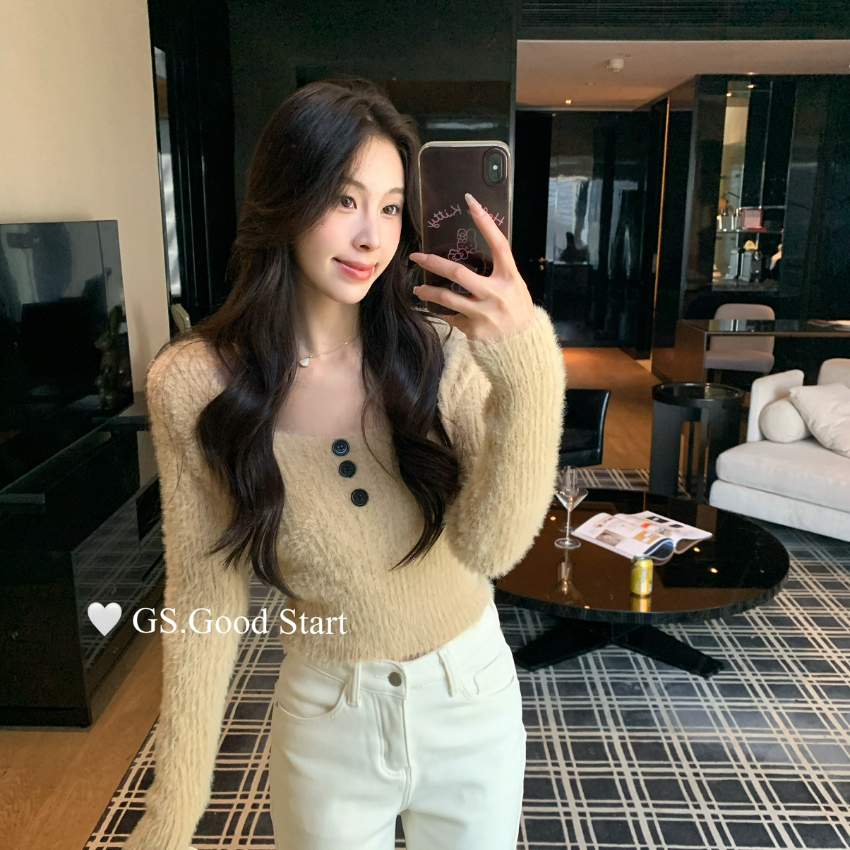 GS.GOOD START-短款版型有点小sexy～秋冬纯欲方领休闲针织衫G771
