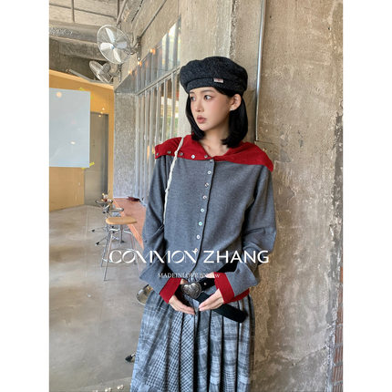 CZ ZHANG秋冬翻领亲肤羊毛针织衫女撞色拼接堆堆领毛衣外套B35888