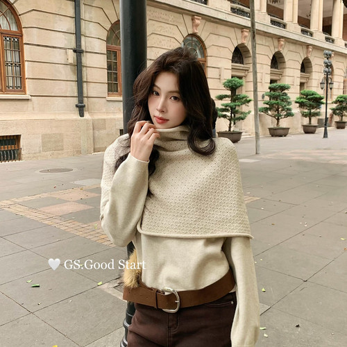 GS.GOOD START-很正～强推秋冬复古气质斗篷披肩+针织衫套装G7661