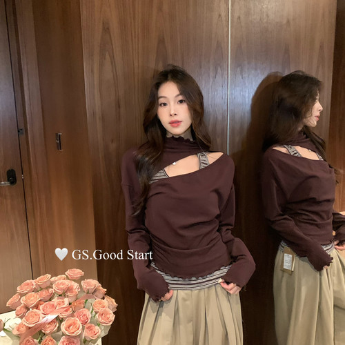 GS.GOOD START-t秋季高阶雅痞镂空设计感小衫+条纹背心套装G6689X