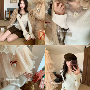 G775 女～非ta莫属冬气质纯欲花朵毛领设计感针织衫 GS.GOOD START