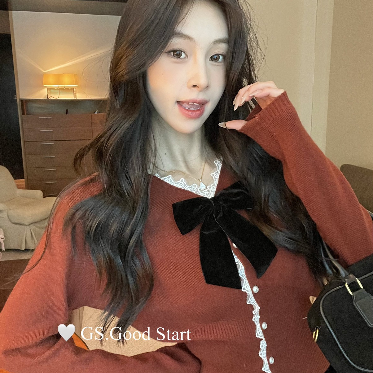 GS.GOOD START-古气质蕾丝蝴蝶结针织开衫(配可拆卸蝴蝶结)G7625