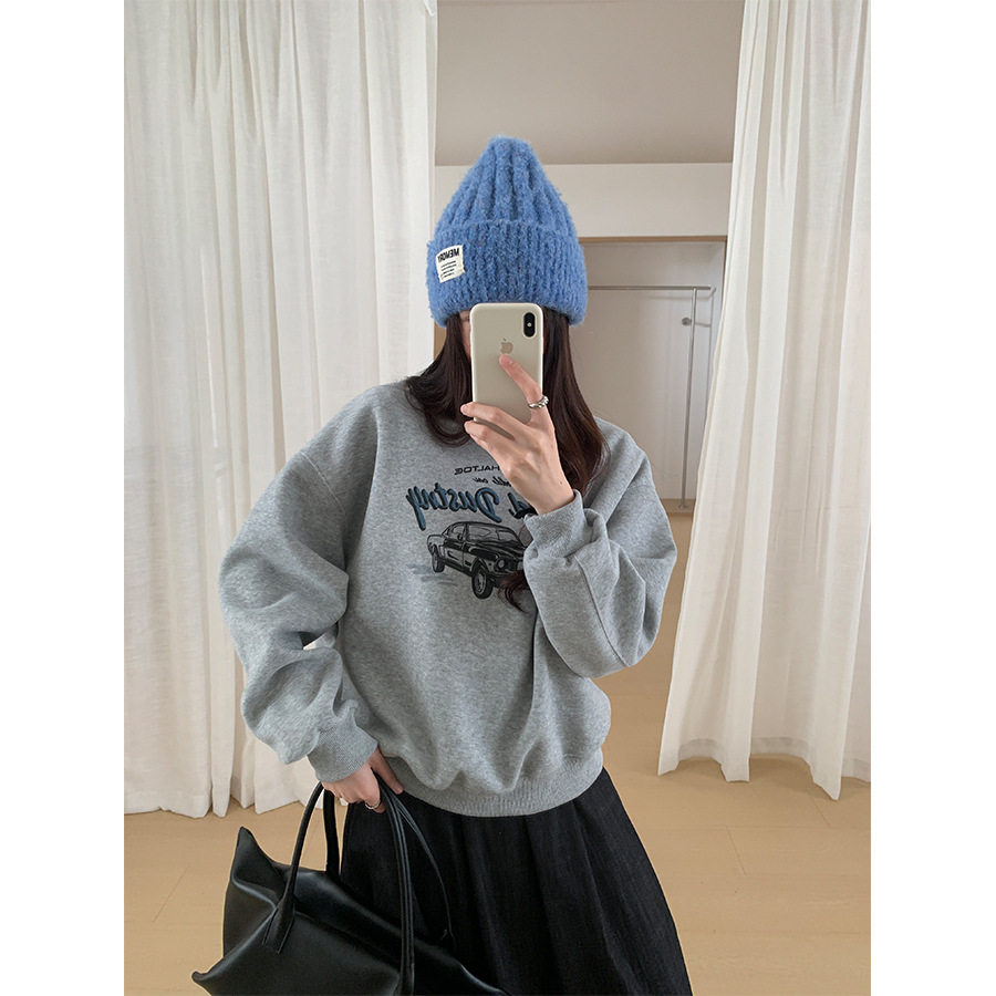 黄峥美式汽车印花圆领卫衣女秋冬新款宽松休闲通勤长袖上衣541020