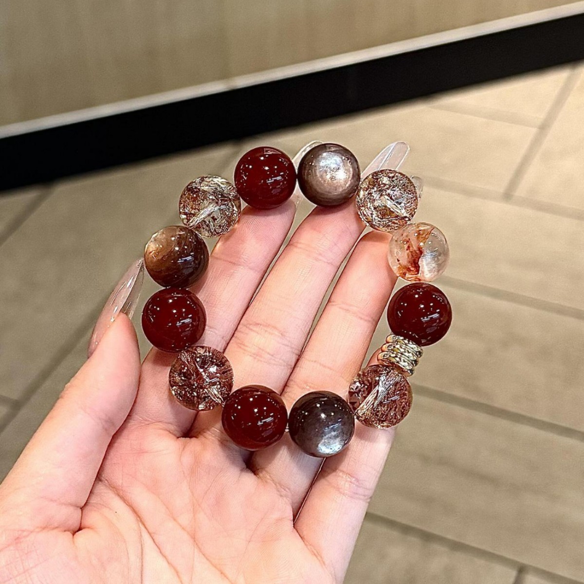 天然红玛瑙金箔紫锂云母水晶手串女小众高级感设计送闺蜜女友代发