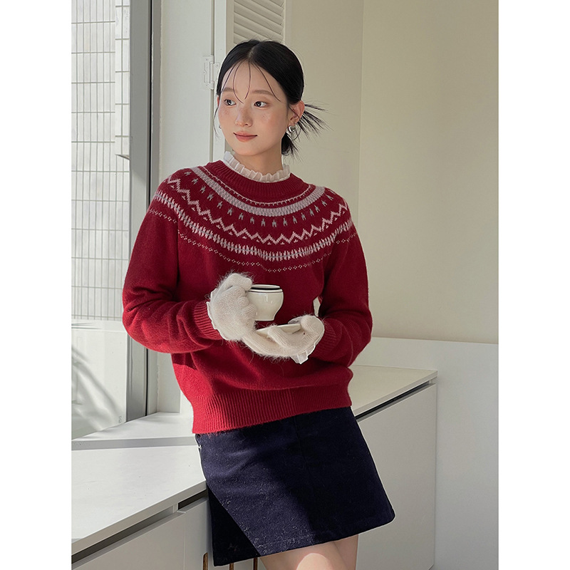 【圣诞前夕】歌铭复古费尔岛提花毛衣女冬季新款毛针织上衣W513B