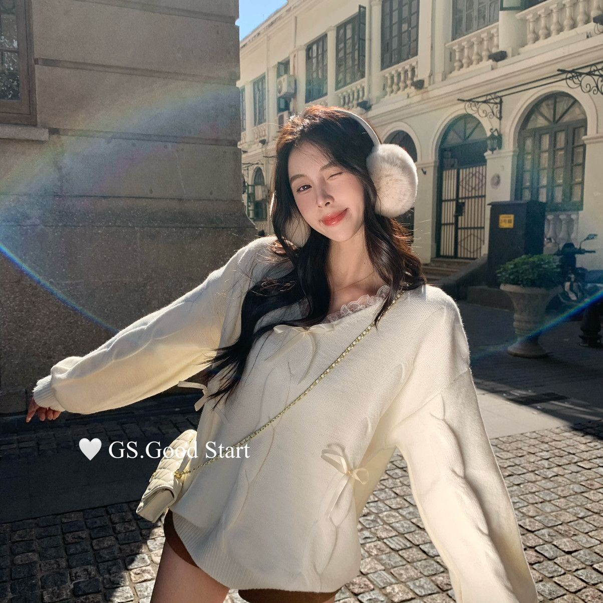 GS.GOOD START-超遮肉秋冬甜美少女感蕾丝v领蝴蝶结保暖毛衣G7726