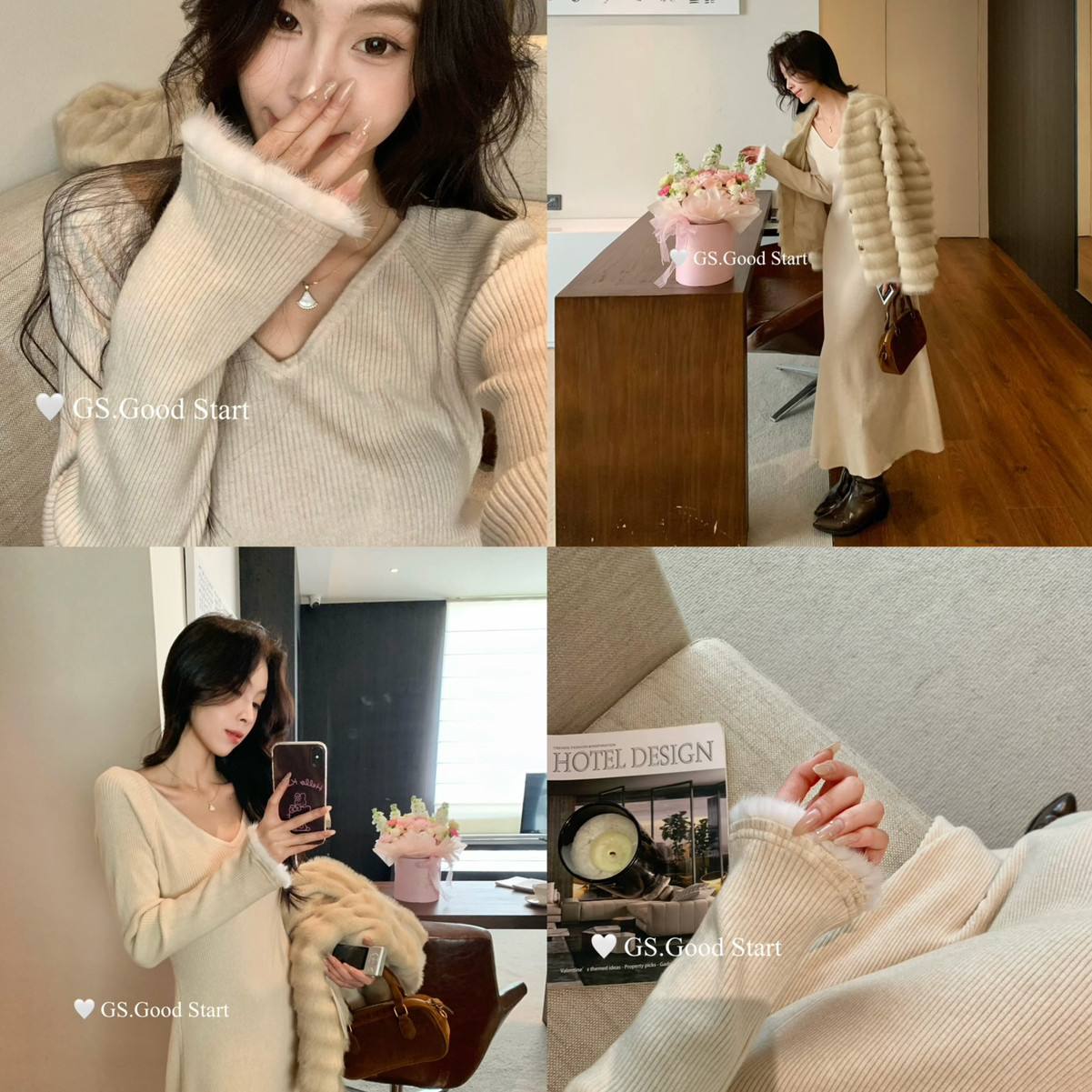 GS.GOOD START-绝美内搭秋冬气质纯欲v领毛袖收腰针织连衣裙G7613