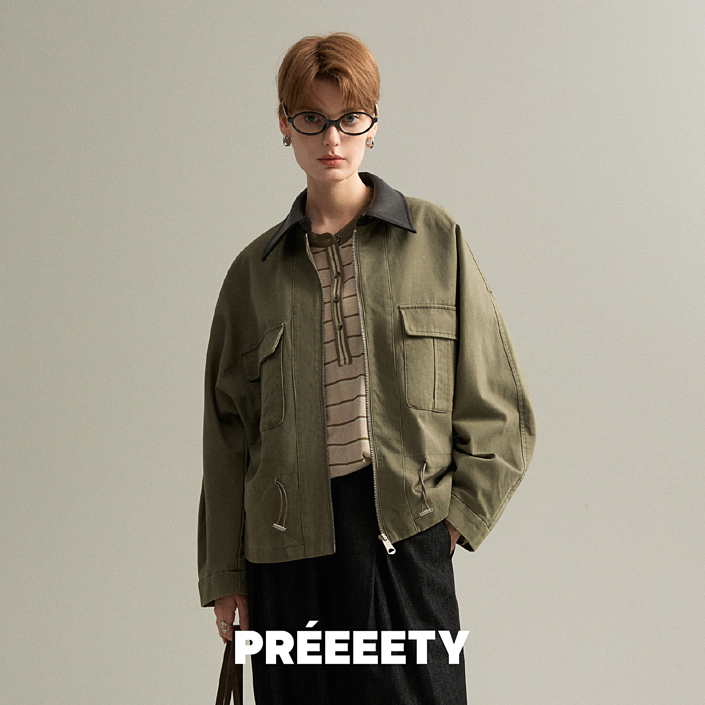 PREEEETY2025新款复古撞色翻领短外套早秋宽松纯棉夹克卫衣