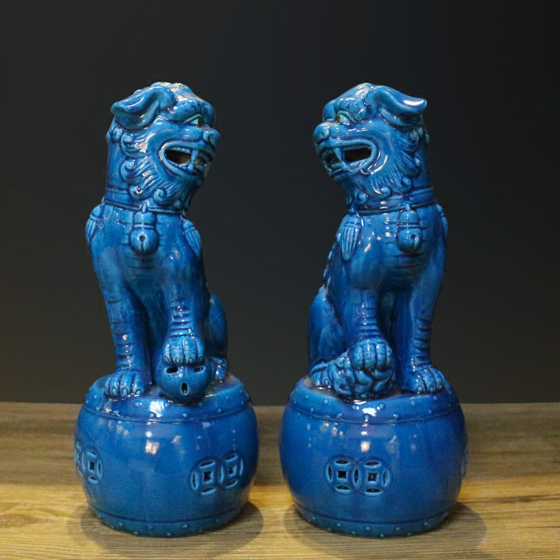 陶瓷蓝色陶瓷狮子摆件工艺品式 家居软装饰摆设瓷狮子一对
