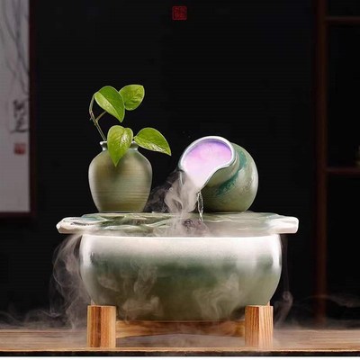 USB充电款蓄电不插电陶罐流水摆件不插电流水摆件自动水循环招财