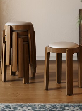 优选实木凳子可叠放家用椅子覆古简约圆凳餐桌备用椅结实耐用板凳