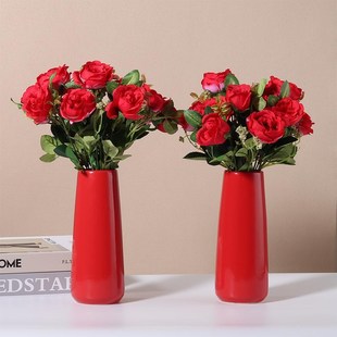优选红色喜庆结婚订婚陶瓷花瓶一对奉佛供品玫瑰花家居婚房装饰品