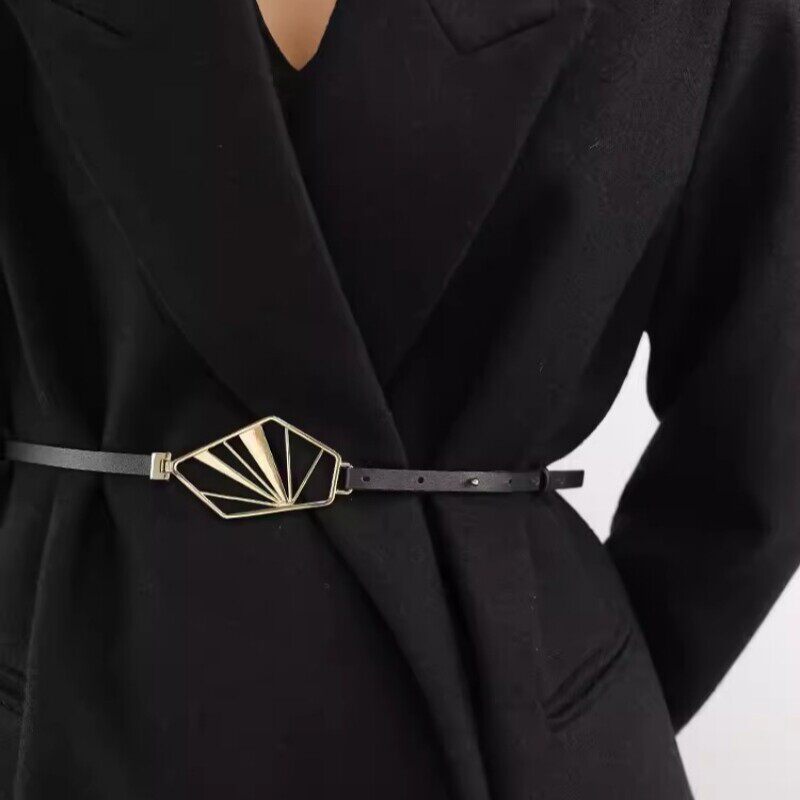 2026牛皮菱形几何造型浅金扣细皮带真皮女士小腰带连衣裙皮带装饰