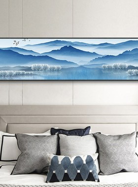 优选新中式卧室床头装饰画蓝色风景山水主卧挂画客厅背景墙水墨复