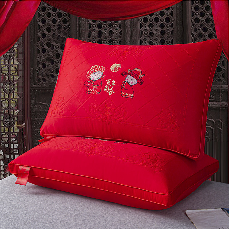 优选结婚枕头一对装大红色喜庆婚庆48x74cm全棉刺绣新婚洞房嫁妆