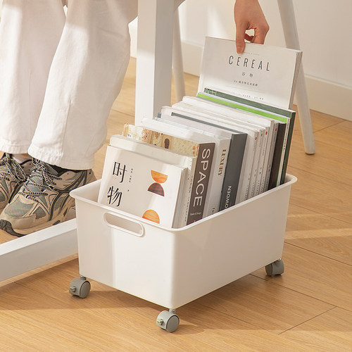 优选桌面书本文件收纳盒带滑轮大容量杂物塑料收纳箱可叠加玩具储