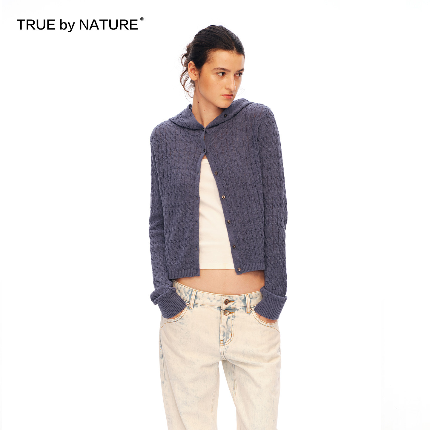 TRUE by NATURE 棉麻混纺 连帽开衫竖条纹绞花修身针织毛衣外套