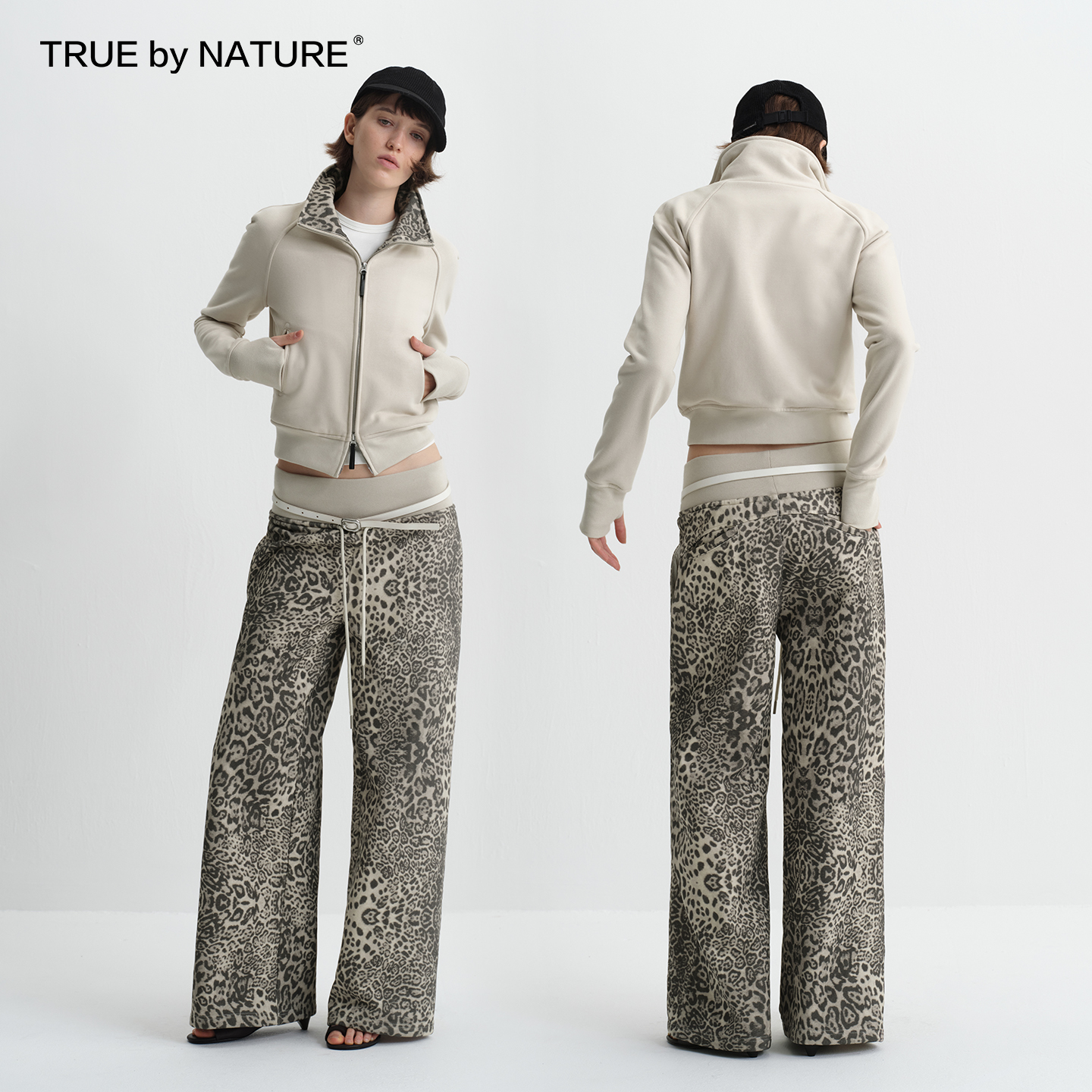 TRUE by NATURE 复古豹纹拼接修身短款立领夹克外套宽腰休闲长裤
