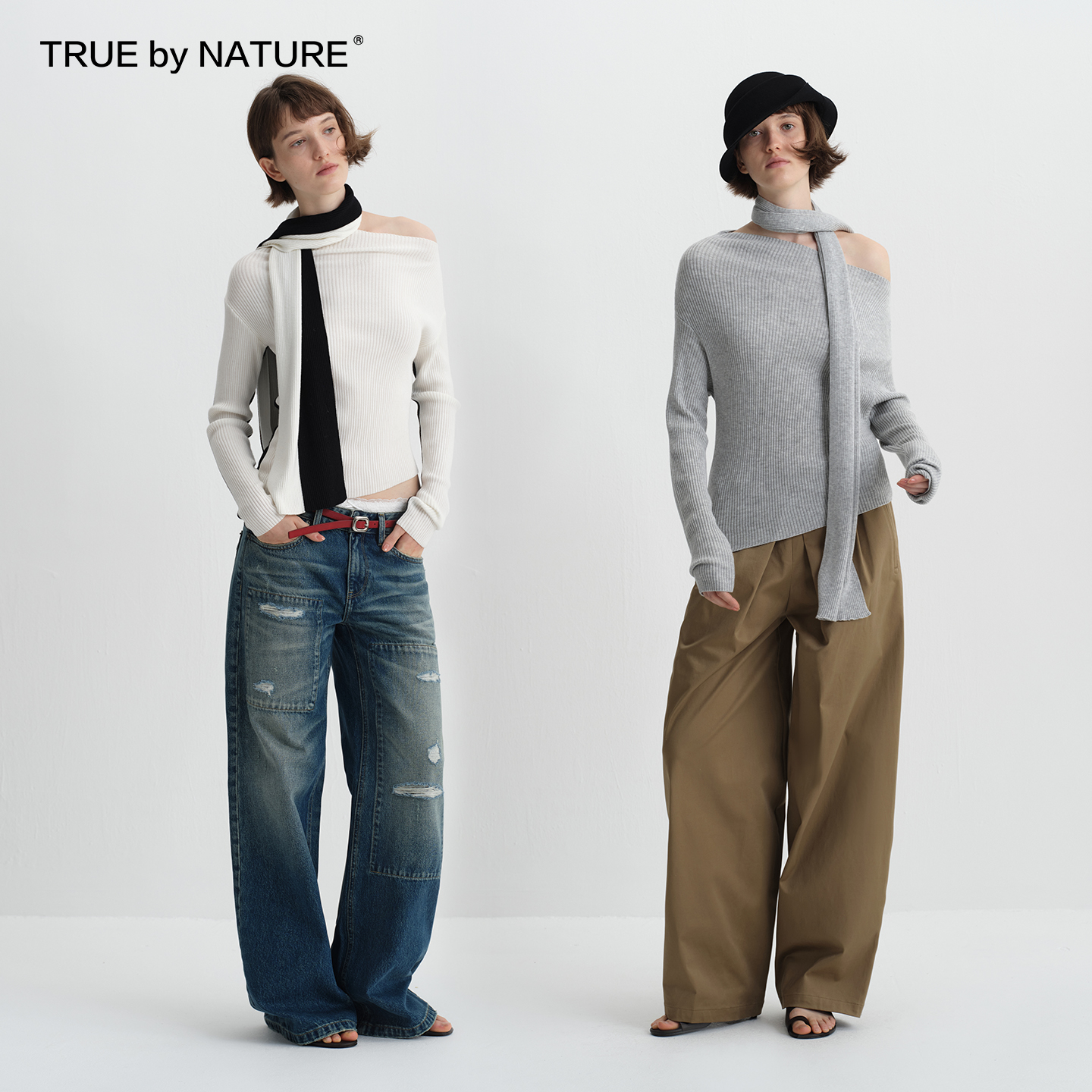 TRUE by NATURE 慵懒感斜肩长袖针织上衣弹力修身毛衣围巾两件套