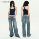 NATURE 复古蓝色磨白做旧水洗低腰牛仔裤 TRUE 女直筒长裤