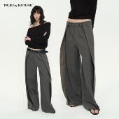 灰色阔腿休闲裤 TRUE 子 搭片假两件拼接格纹直筒西装 裤 NATURE