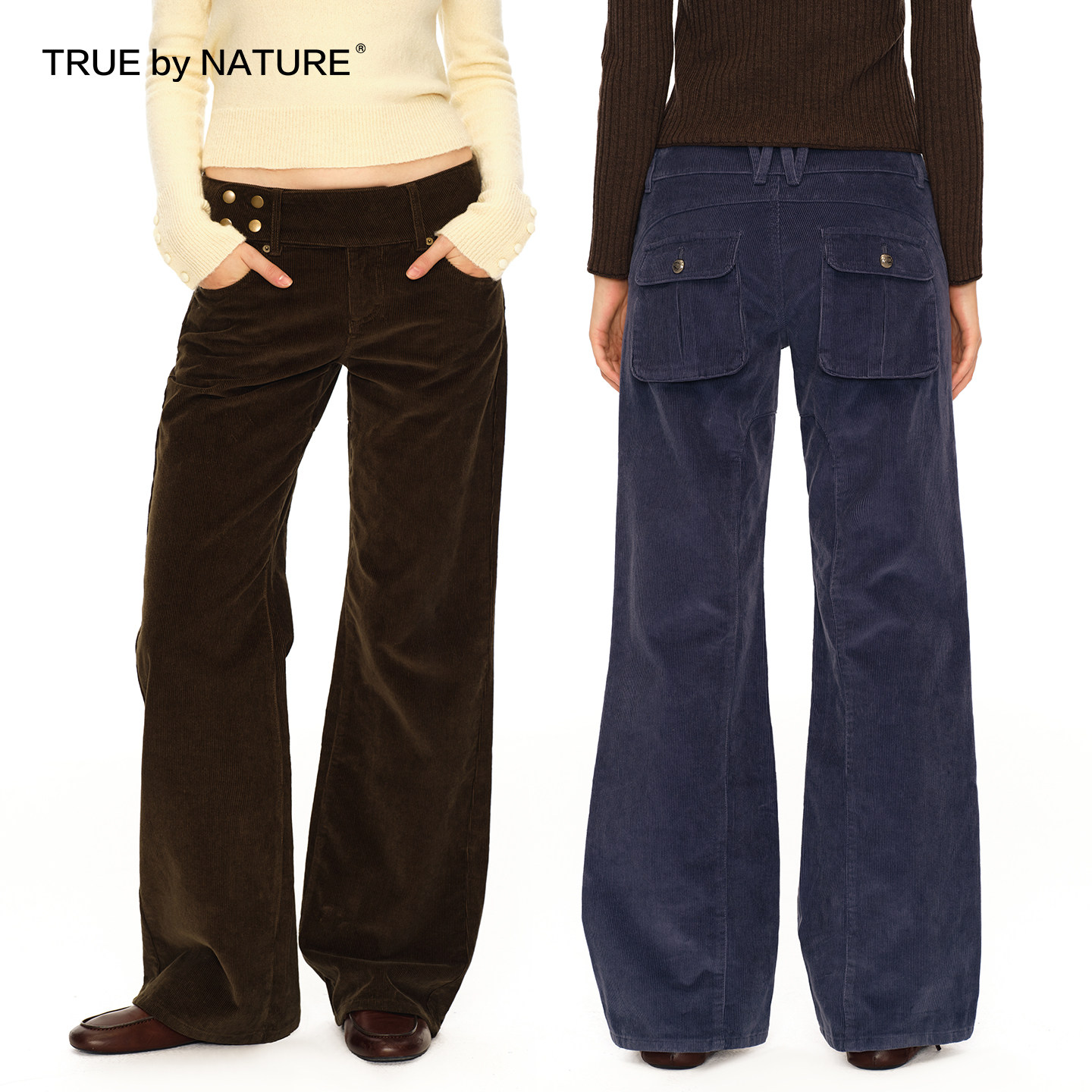 TRUE by NATURE 宫廷风腰头金属扣装饰灯芯绒合身低腰直筒休闲裤