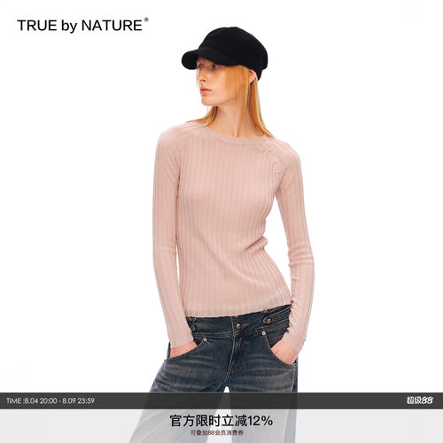 TRUE by NATURE 圆领坑条纹修身显瘦肌理感薄款针织衫长袖T恤