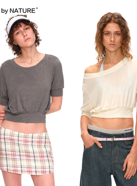 TRUE by NATURE 一衣多穿 螺纹拼接短款大领口宽松弹力短袖T恤女