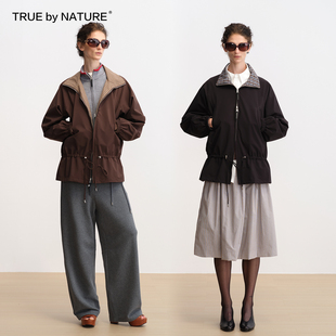TRUE by NATURE 正反两穿格子拼接抽绳收腰阔版双拉头夹克外套