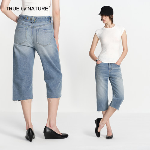 TRUE by NATURE 复古经典蓝锥形窄脚修身版型七分capri牛仔短裤