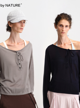 TRUE by NATURE 一衣多穿抽绳可调节半开领斜肩T恤一字肩长袖上衣