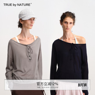 一衣多穿抽绳可调节半开领斜肩T恤一字肩长袖 NATURE 上衣 TRUE