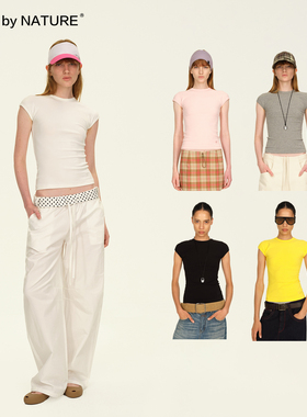 TRUE by NATURE 高密螺纹面料基础多色弧形小飞袖圆领修身短袖T恤