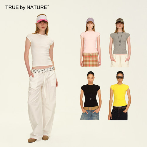 TRUE by NATURE 高密螺纹面料基础多色弧形小飞袖圆领修身短袖T恤