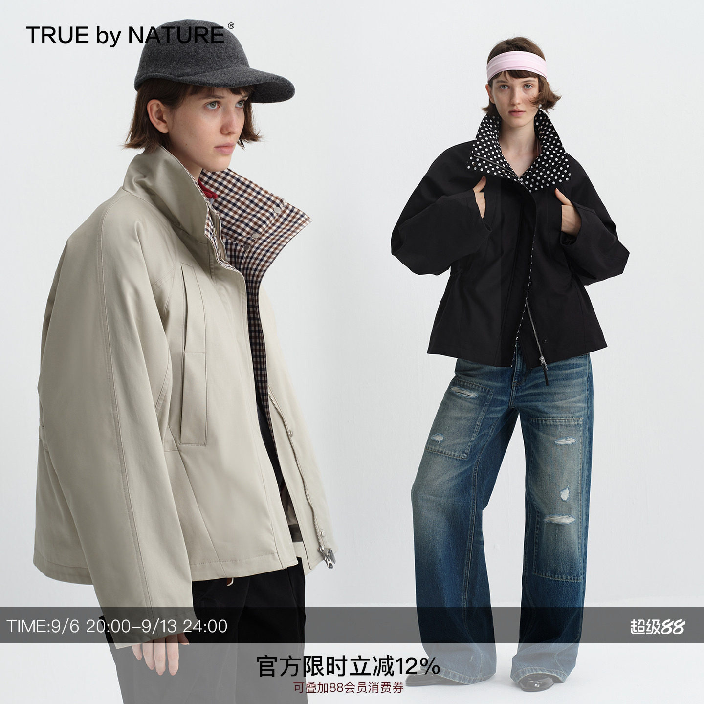 复古拼接撞色波点格纹翻领棉衣图片