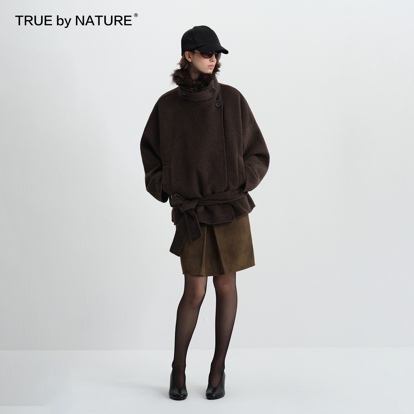 TRUE by NATURE 70%羊毛 复古双面呢可拆卸毛领短款毛呢大衣外套